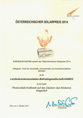 Urkunde Solarpreis 2014 für Photovoltaik-Anlage auf den Dächern des Klinikum Klagenfurt